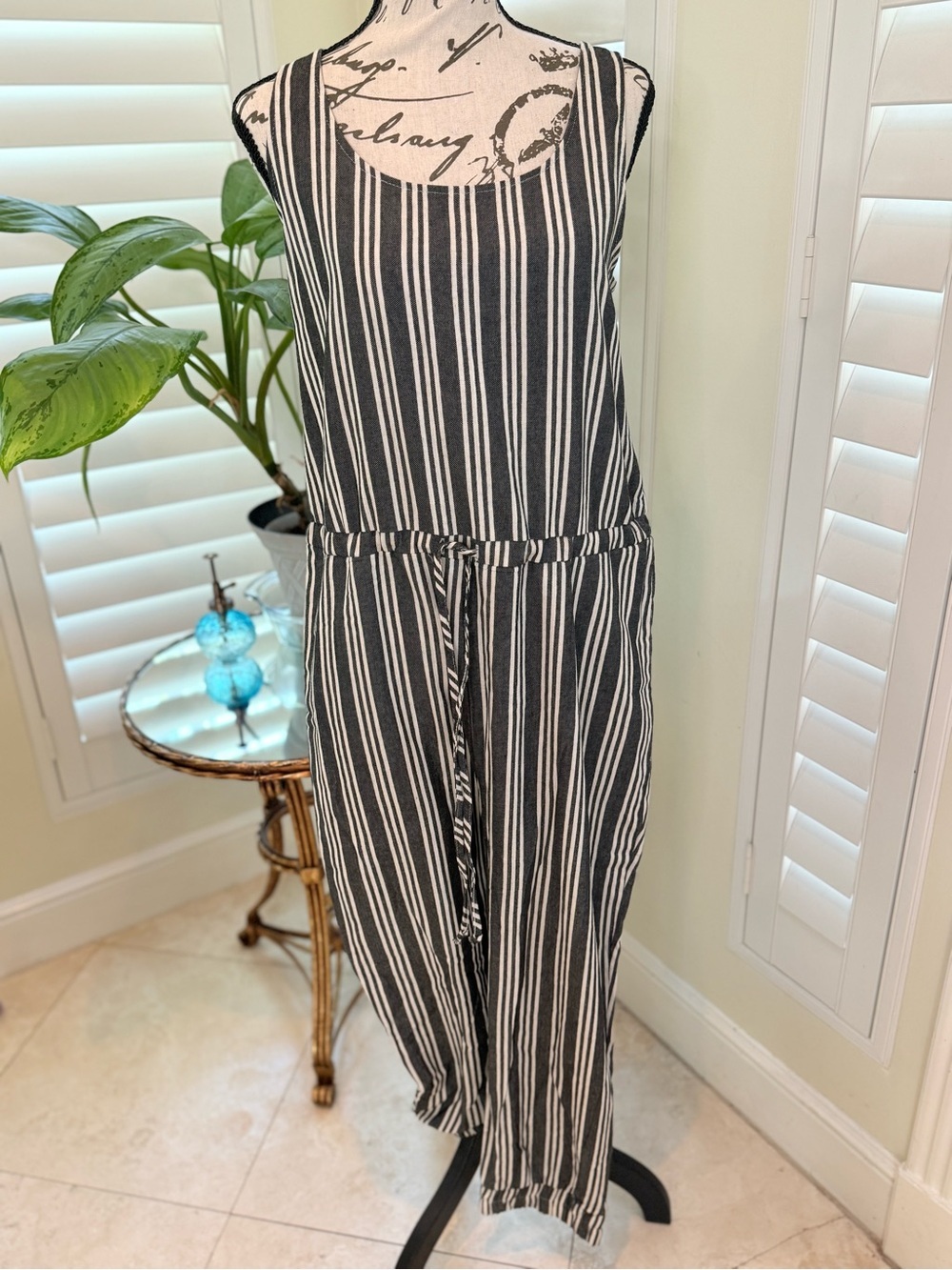 DREW for Anthropologie Black White Pinstripe Striped Jumpsuit Size L Made in USA